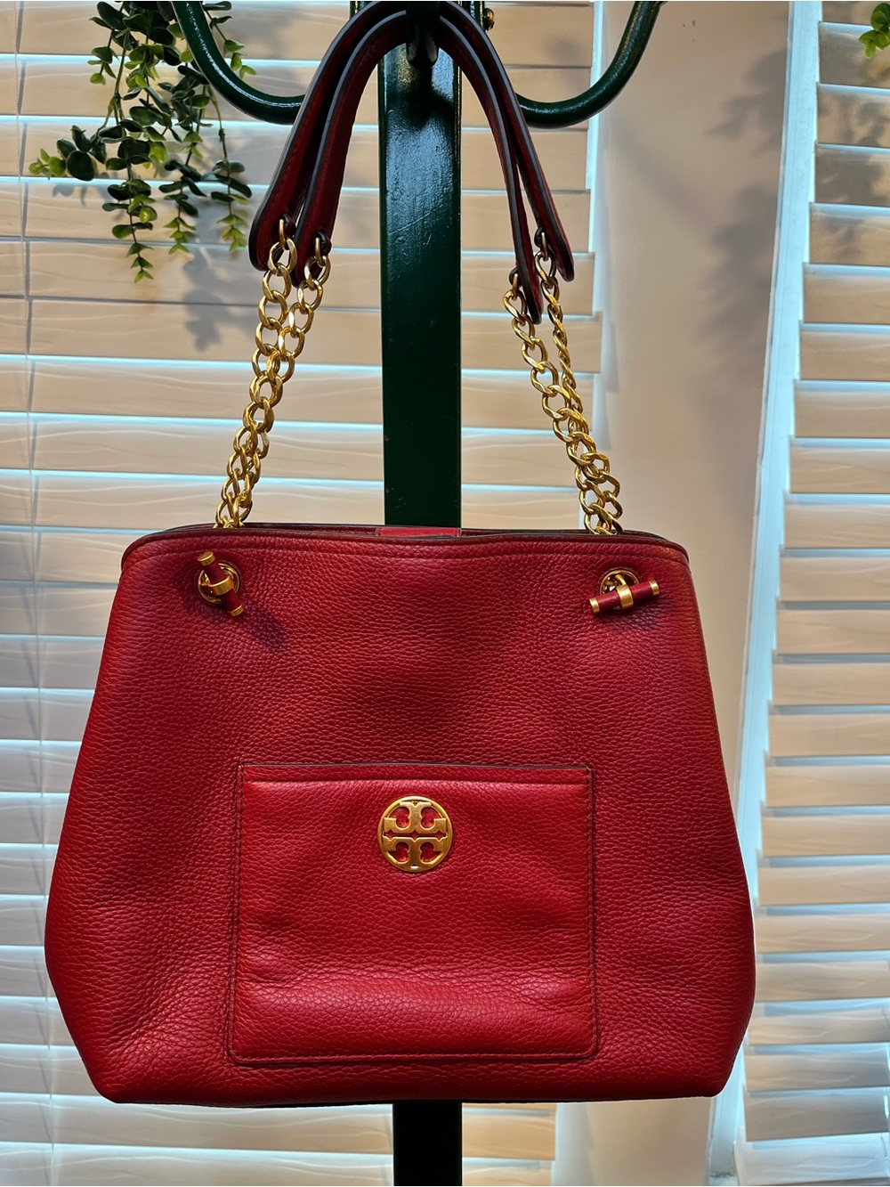 Tory Burch Deep Red Pebbled Leather Chain-Handle Shoulder Bag